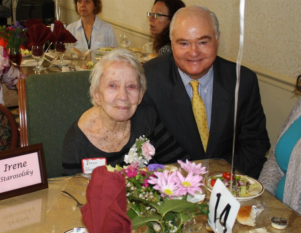 Irene Starosolsky, who will turn 104 on May 31, celebrates with Freeholder John P. Curley at the Centenarian Party at Regency Nursing and Rehabilitation Center on May 11 in Hazlet, NJ.